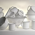 Colorful Enamel Tea Sets with Cups Pots and Strainers on Green Shelf
