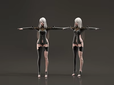 Two Silver Haired Female Characters In Black Tight Outfits With Arms Outstretched Against Gray Background 3d model