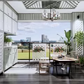 Modern Home Balcony Design With Wooden Floor Green Plants Table Chairs And Chandelier
