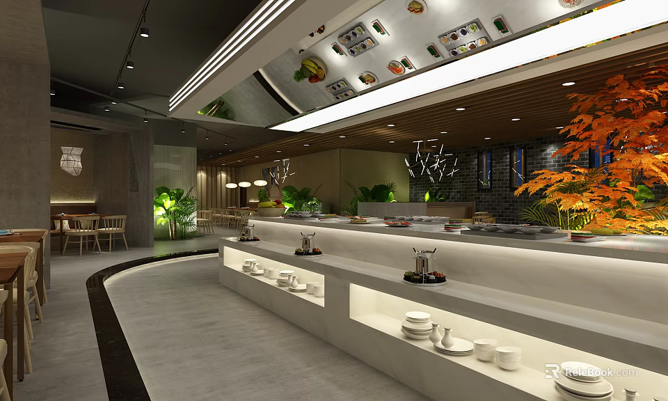 Modern Restaurant Interior Featuring Buffet Counter White Tableware Plant Decorations And Ceiling Lights 3d model 