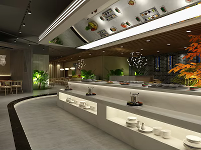 Modern Restaurant Interior Featuring Buffet Counter White Tableware Plant Decorations And Ceiling Lights 3d model