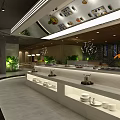 Modern Restaurant Interior Featuring Buffet Counter White Tableware Plant Decorations And Ceiling Lights 3d model