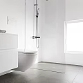 Modern Bathroom Interior With White Sink Cabinet Glass Shower Toilet And Natural Light