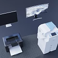Modern Business Equipment With Curved Monitor Flat Screen Printer And Multifunction Copier