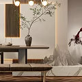 Modern Tea Room Interior With Herringbone Wood Flooring Pendant Lights Teaware Shelves And Potted Plant