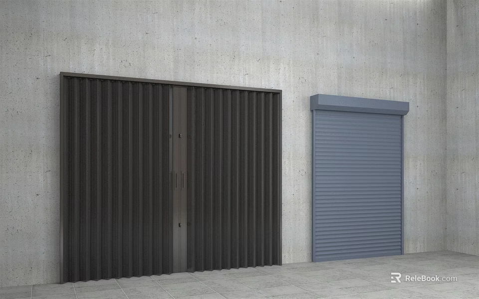 Dark Brown Roller Doors With Blue Shutter Against Concrete Wall And Gray Floor 3d model 