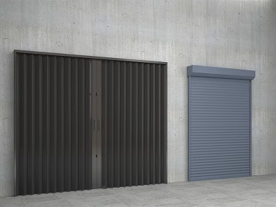 Dark Brown Roller Doors With Blue Shutter Against Concrete Wall And Gray Floor 3d model