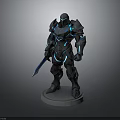 Black Armored Warrior Model With Blue Glowing Lines Holding Sword On Pedestal Base