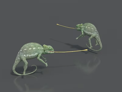 Two Green Reptile Chameleons Extending Long Tongues on Gray Background 3d model