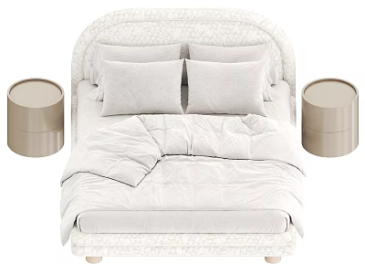 White Double Bed With Carved Headboard Pillows Duvet And Round Beige Nightstands 3d model