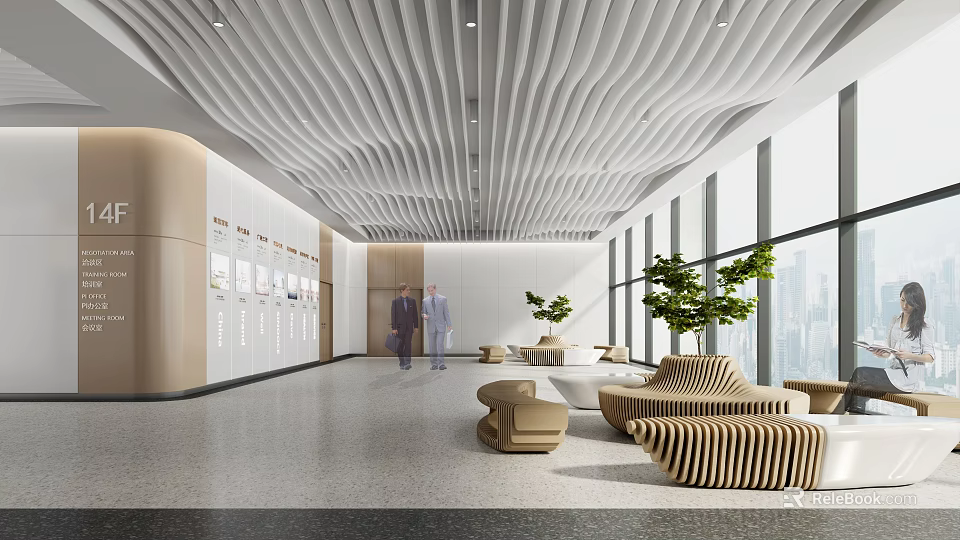 Elegant Modern Lounge Area Featuring Comfortable Sofa Armchairs Green Plants And Large Windows 3d model