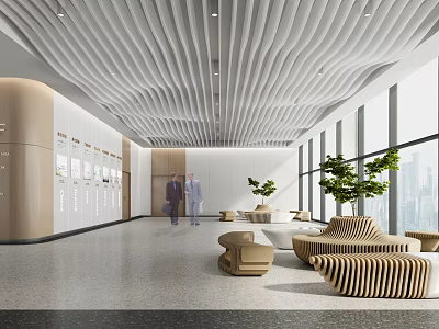 Elegant Modern Lounge Area Featuring Comfortable Sofa Armchairs Green Plants And Large Windows 3d model