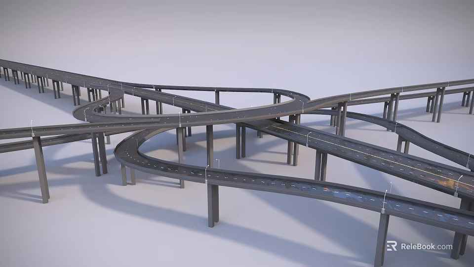 Multi Level Curved Road Interchange With Elevated Lanes And Concrete Supporting Piers 3d model 