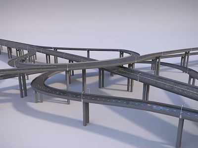 Multi Level Curved Road Interchange With Elevated Lanes And Concrete Supporting Piers 3d model