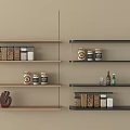 Stylish Wall Mounted Shelving Units With Jars Bottles and Decorative Sculpture