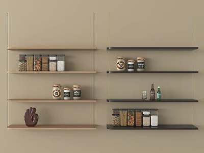 Stylish Wall Mounted Shelving Units With Jars Bottles and Decorative Sculpture 3d model