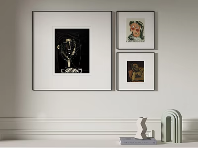 Modern Interior Decor With Three Framed Artworks And Sculptures On Shelf 3d model