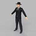 Man in Black Suit and Hat Standing with Arms Outstretched in Studio