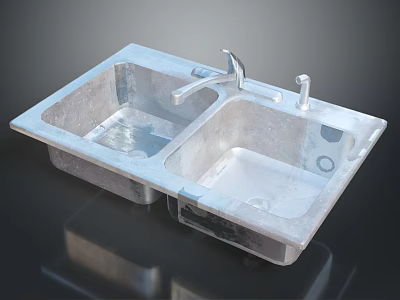 Stainless Steel Double Bowl Kitchen Sink With Faucet And Drain 3d model