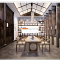 Traditional Tea House Interior Design With Wooden Furniture Lanterns And Tea Shelves