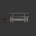 Red Wooden Stool With Rustic Wooden Table And Bench In Vintage Country Setting