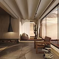 Dining and Living Room Interior With Wooden Ceiling Large Windows Fireplace And Natural Light