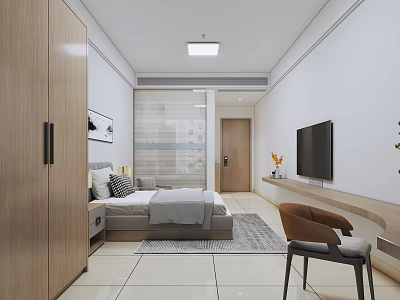 Modern Hotel Guest Room Interior Design With Bed Wooden Wardrobe TV And Chair 3d model