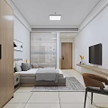 Modern Hotel Guest Room Interior Design With Bed Wooden Wardrobe TV And Chair