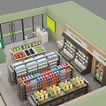 Birds Eye View of Modern Convenience Store Interior with Shelves of Fruits Beverages and Products