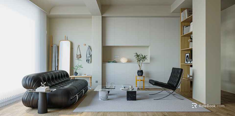 Modern Living Dining Room Interior With Black Leather Sofa Wooden Bookshelf And Green Plants 3d model 