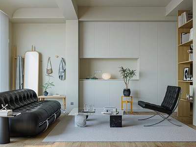Modern Living Dining Room Interior With Black Leather Sofa Wooden Bookshelf And Green Plants 3d model
