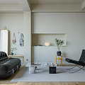 Modern Living Dining Room Interior With Black Leather Sofa Wooden Bookshelf And Green Plants