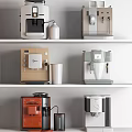 Assorted Kitchen Appliances Including Various Colored Coffee Machines Displayed On Shelves 3d model