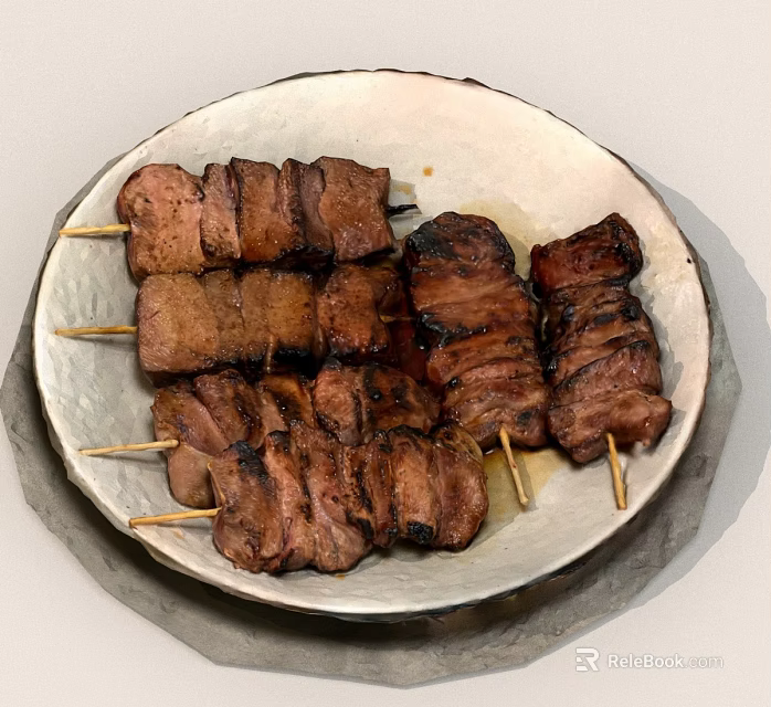 Grilled Meat Skewers on a Textured White Plate with Juicy Charred Pieces 3d model 