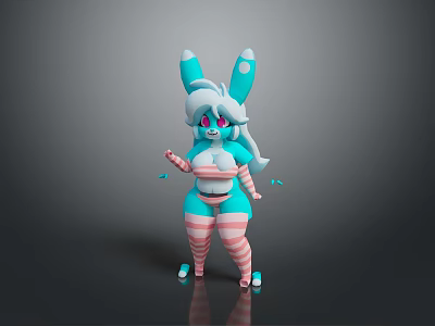 Turquoise Bunny Eared Game and Movie Character With White Hair Pink Eyes Striped Clothing 3d model