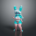 Turquoise Bunny Eared Game and Movie Character With White Hair Pink Eyes Striped Clothing