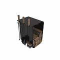 Black Metal Fireplace With Wooden Handle Tools And Stacked Firewood Storage