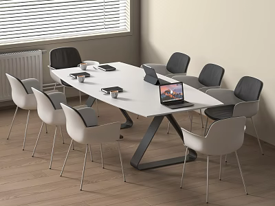 Modern Conference Table With White Top Black Geometric Legs And Chairs In Meeting Room 3d model