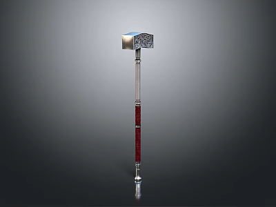 Decorative War Hammer With Intricate Carved Metal Head And Red Wooden Handle Design 3d model