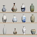 Various Ceramic Vases With Unique Patterns Displayed On Wooden Shelves 3d model