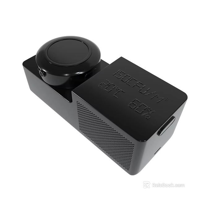 Black compact portable device with circular top cover and textured side panels 3d model 