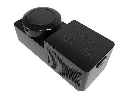 Black compact portable device with circular top cover and textured side panels 3d model