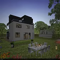 Modern Detached Villa Exterior With Large Glass Windows Balcony Garden Lawn And Stone Pathway