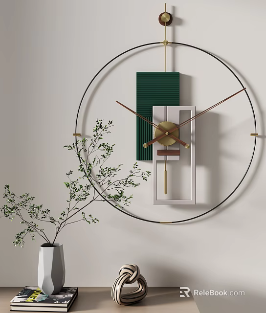 Round Clock With Green Vertical Striped Decoration White And Brown Geometric Shapes And Green Plant 3d model 