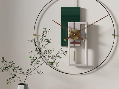 Round Clock With Green Vertical Striped Decoration White And Brown Geometric Shapes And Green Plant 3d model