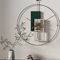 Round Clock With Green Vertical Striped Decoration White And Brown Geometric Shapes And Green Plant