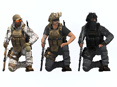 Gaming and Movie Military Characters in Tactical Gear Holding Weapons Kneeling Pose 3d model