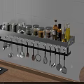 Kitchen Wall Mounted Shelf With Spice Jars And Hanging Utensils On White Tile Wall 3d model