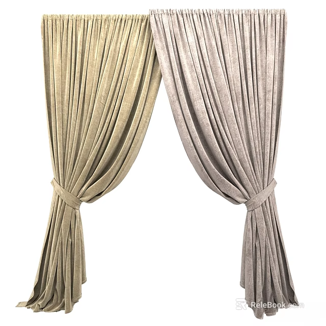 Elegant Curtains in Golden and Silver Tones with Velvet Fabric and Tie Back Design 3d model 