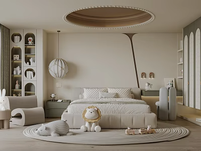 Kids Bedroom Interior With Cozy Bed Stuffed Toys Round Carpet Tree Shaped Decor 3d model